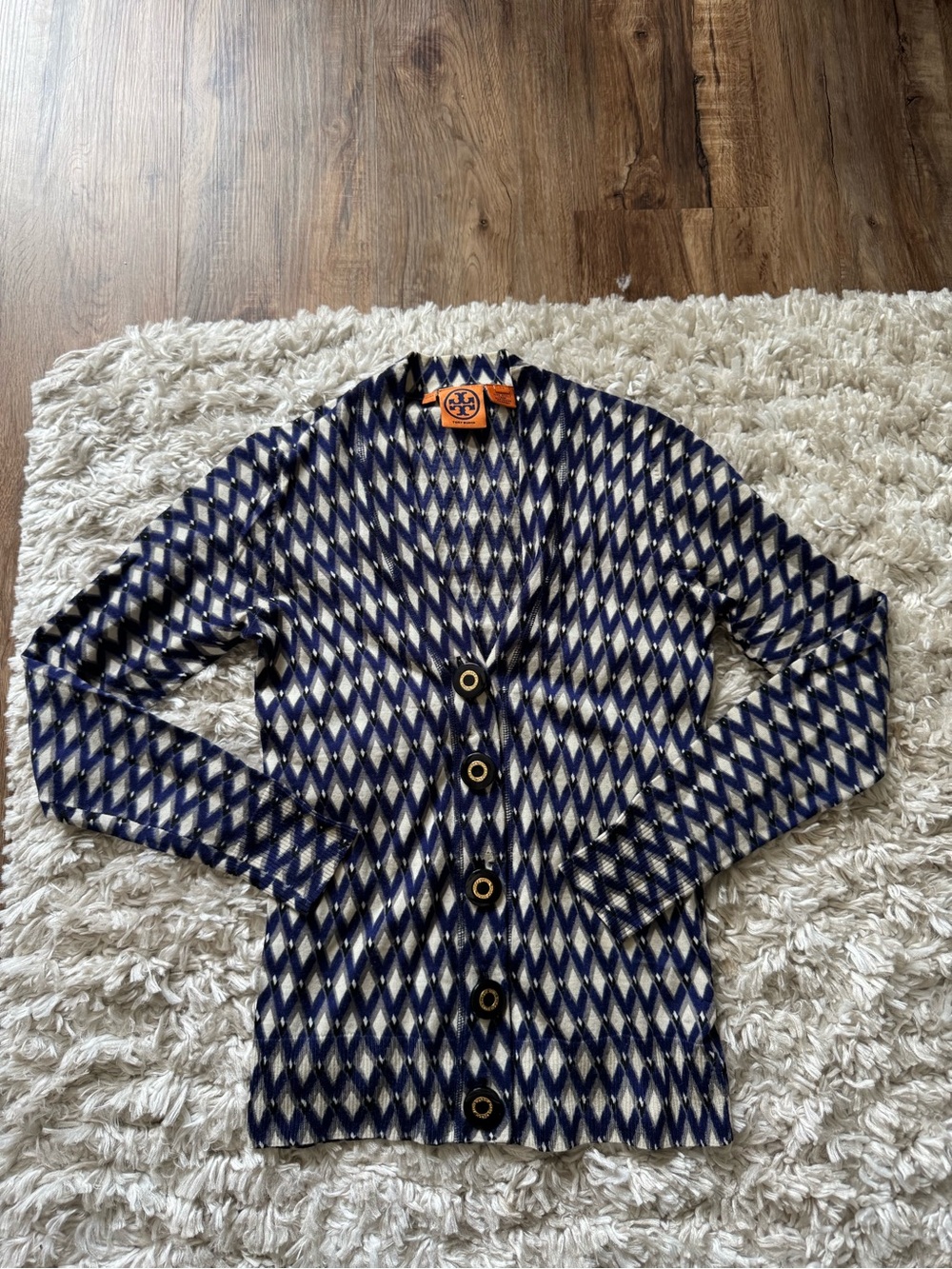 Tory Burch Navy and Cream Diamond Wool Knit Button Cardigan